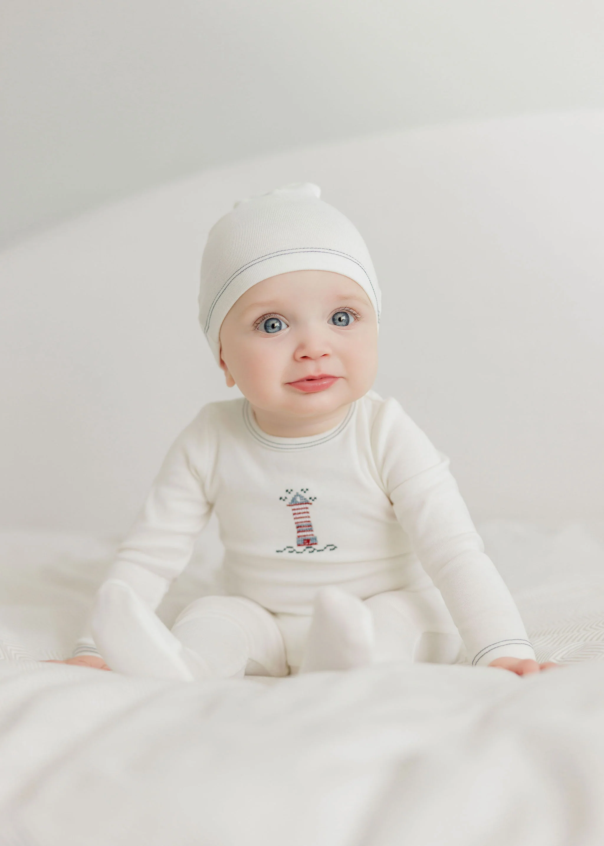 AURORA IVORY/BLUE CROSS STICH LIGHTHOUSE  FOOTIE + BEANIE - Image 2