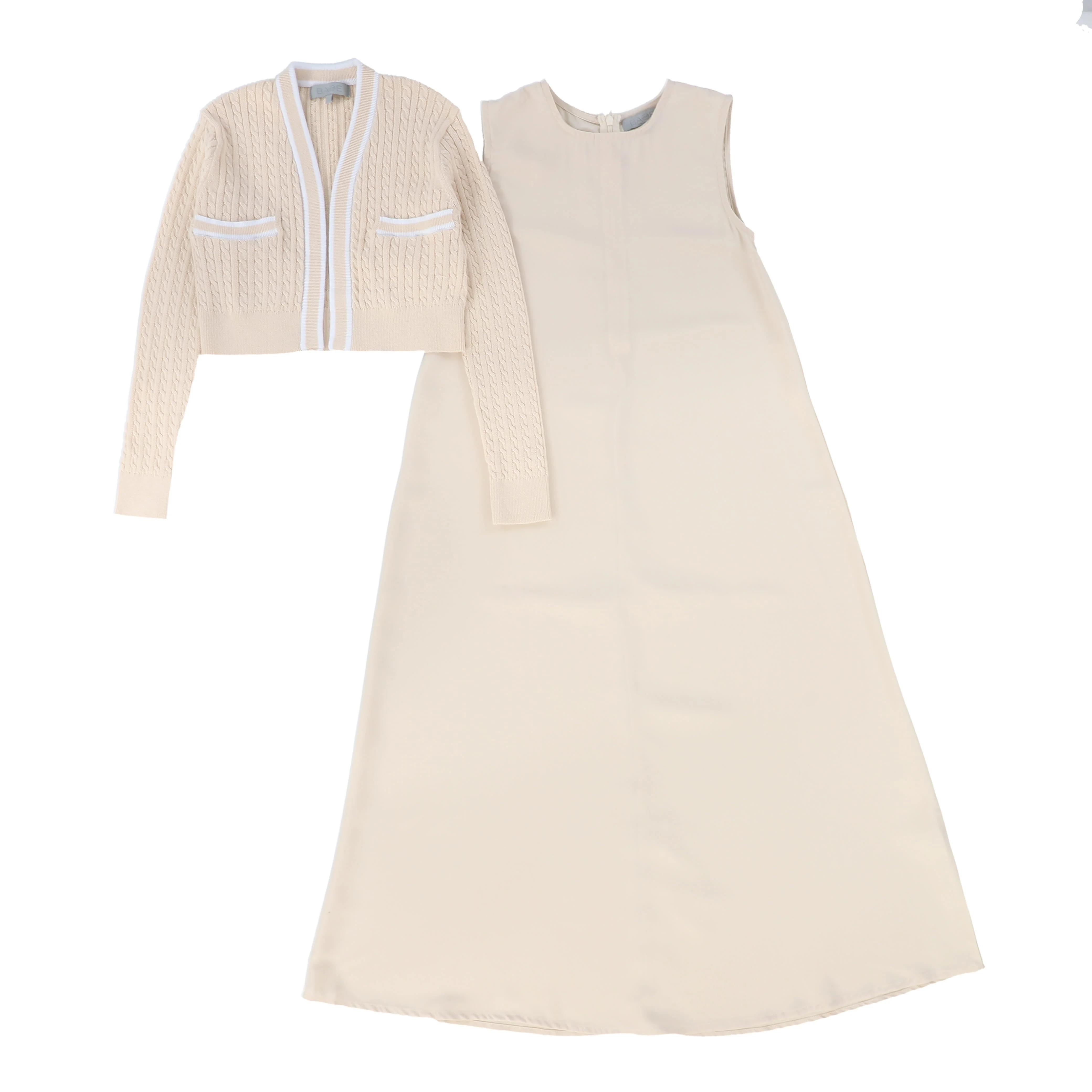 BACE COLLECTION NATURAL CABLE KNIT WHITE TRIM CARDIGAN [FINAL SALE] - Image 4