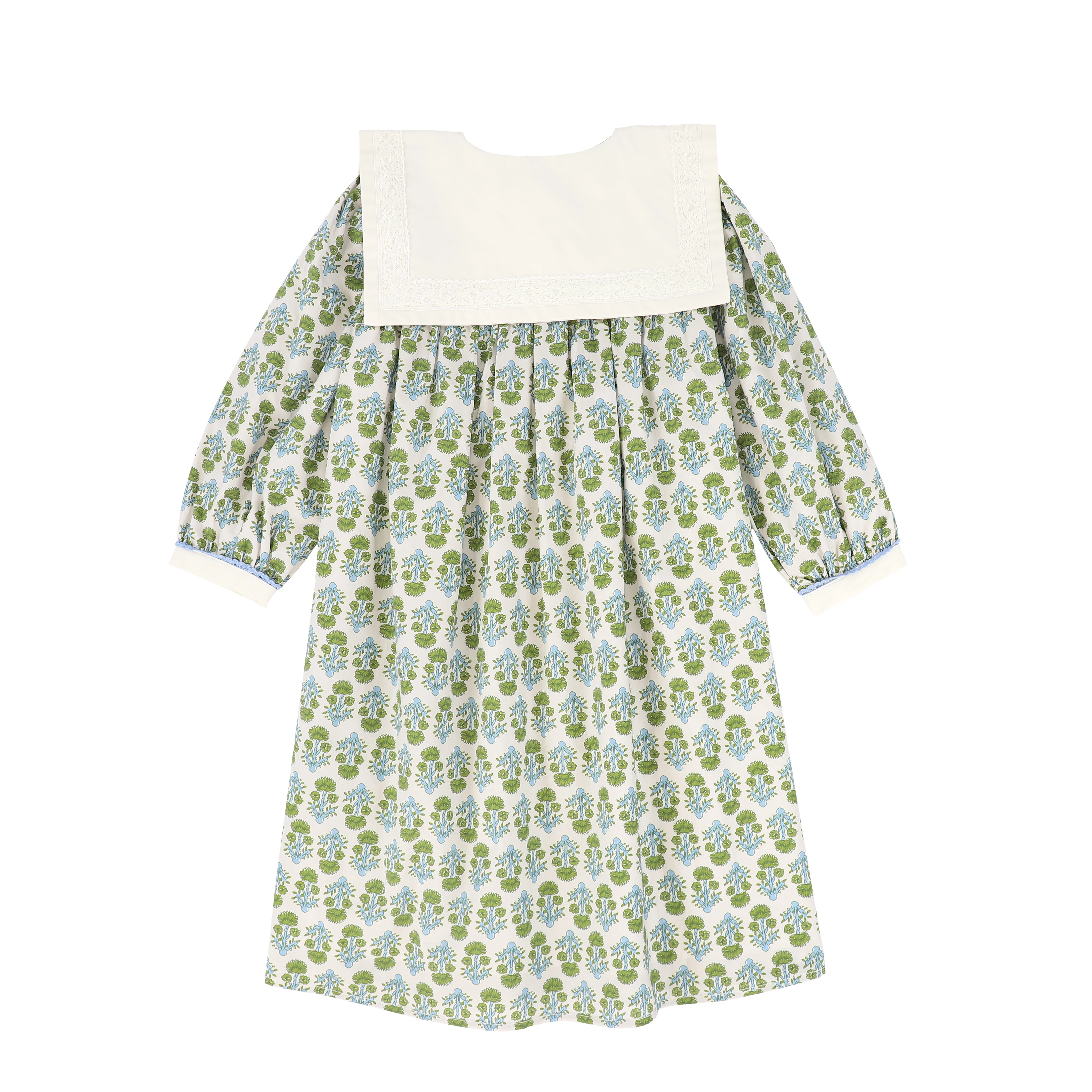 BAMBOO GREEN/BLUE FLOWER PRINT SMOCK LACE TRIM DRESS [FINAL SALE] - Image 2