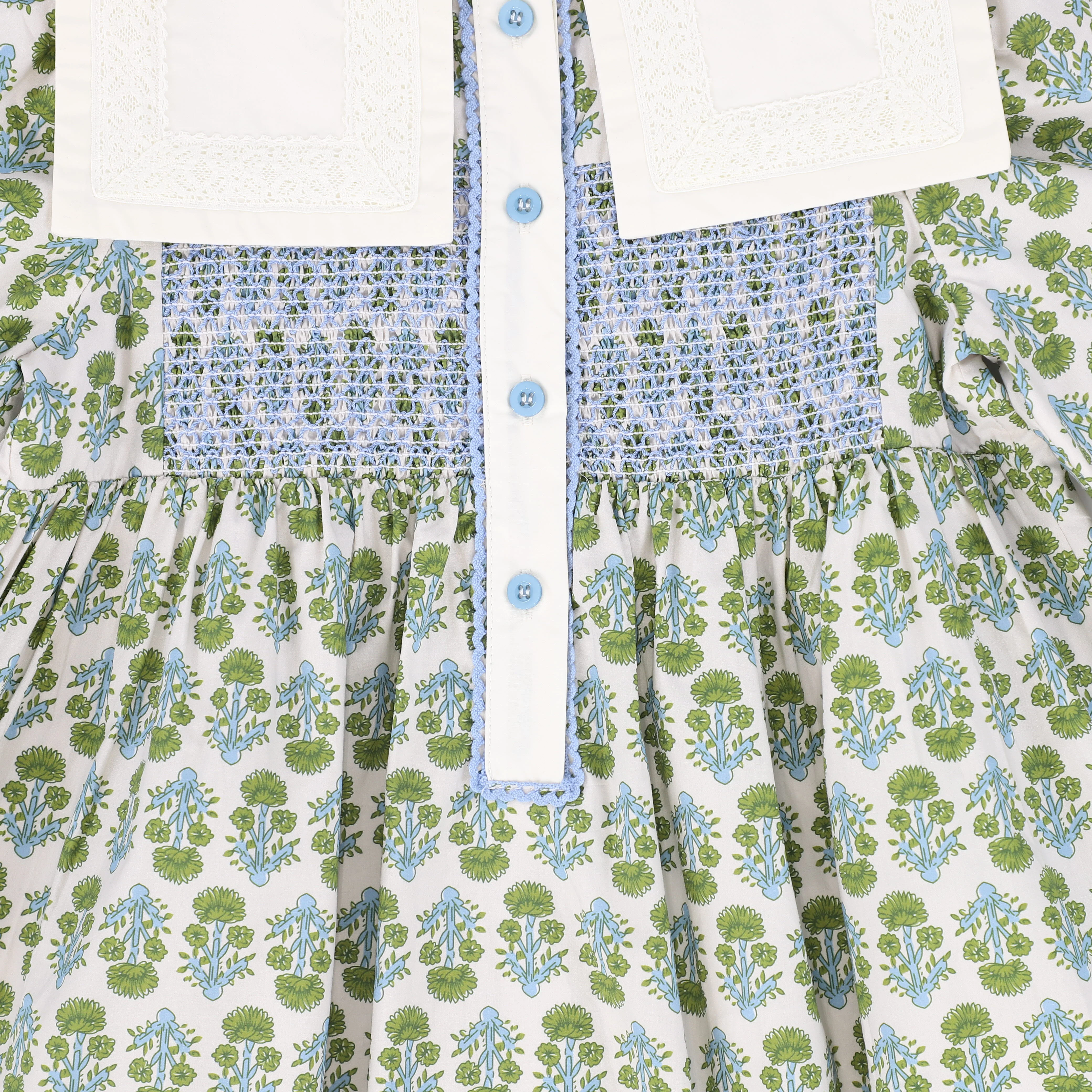 BAMBOO GREEN/BLUE FLOWER PRINT SMOCK LACE TRIM DRESS [FINAL SALE] - Image 3