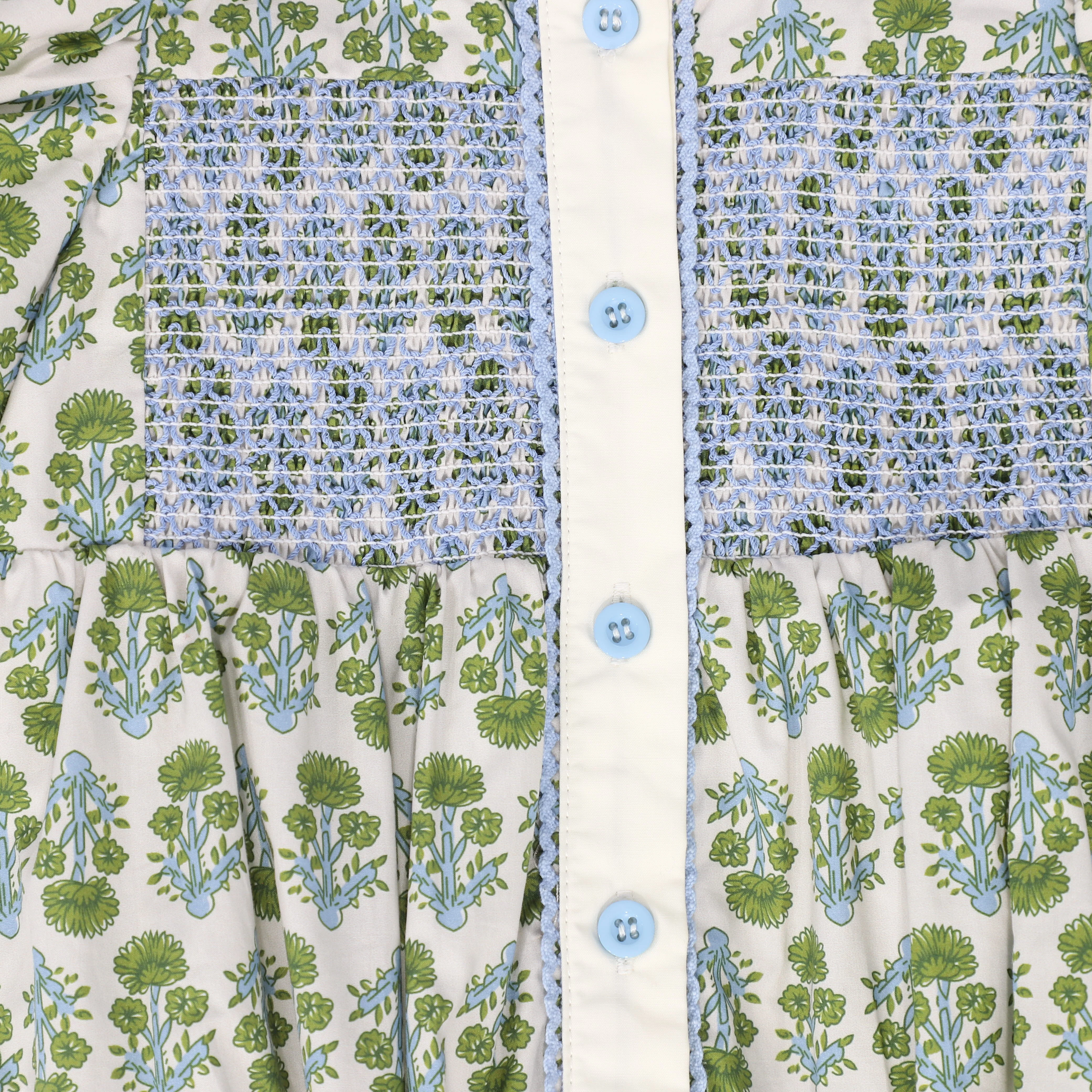 BAMBOO GREEN/BLUE FLOWER PRINT SMOCK ROMPER [FINAL SALE] - Image 3