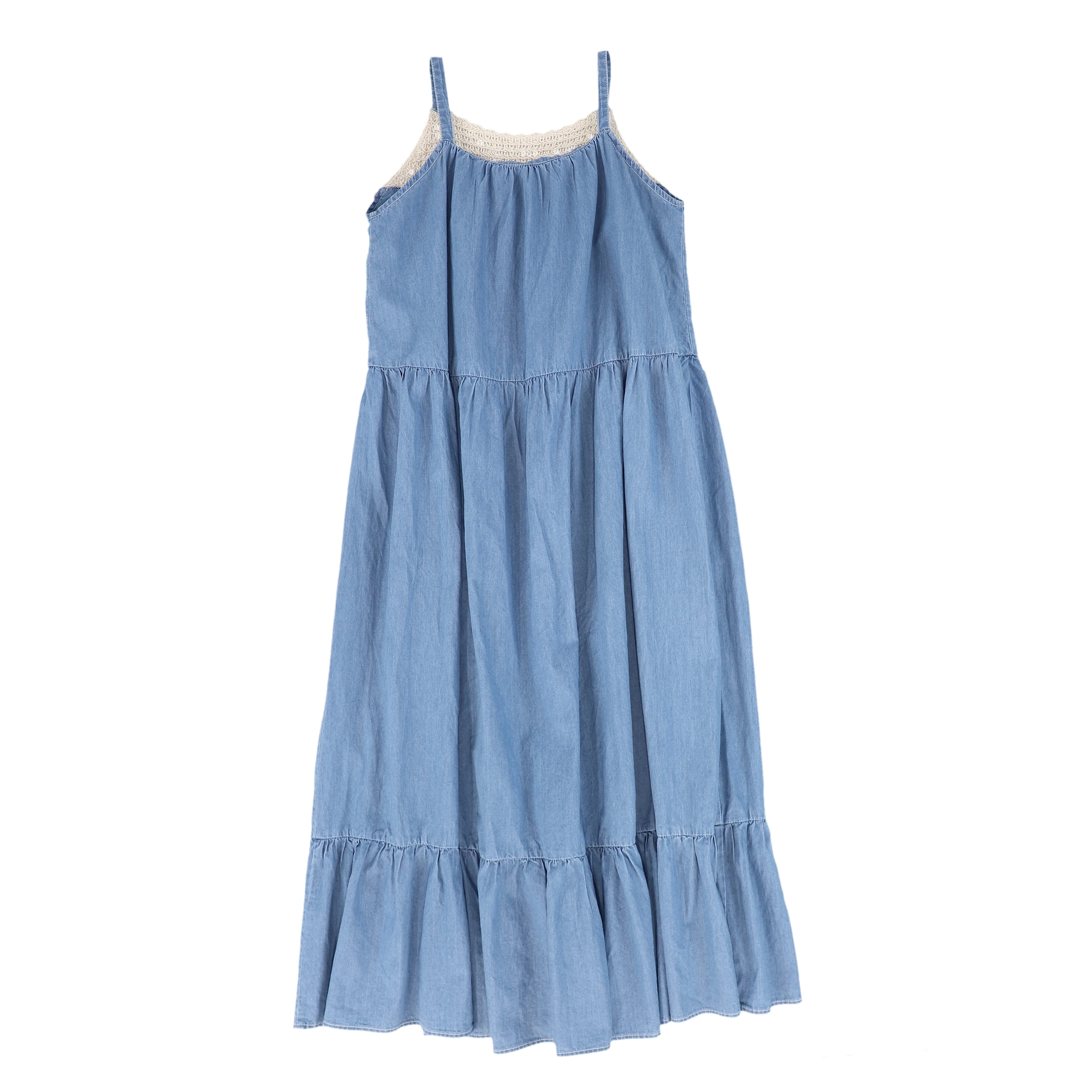 BAMBOO BLUE DENIM CROCHET TIERED MAXI DRESS [FINAL SALE] - Image 2