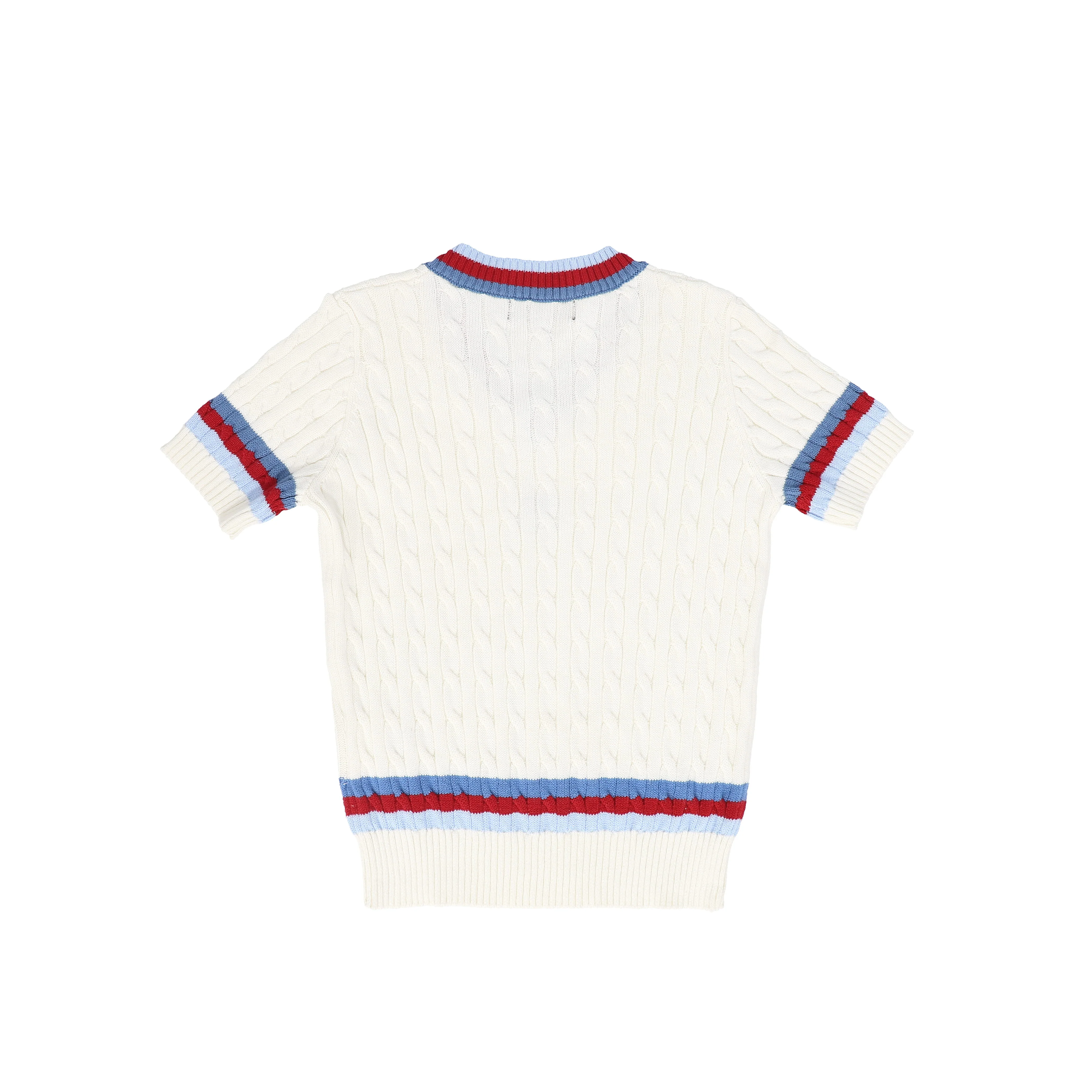 BAMBOO IVORY CABLE KNIT V NECK TRIM SS SWEATER [FINAL SALE] - Image 2