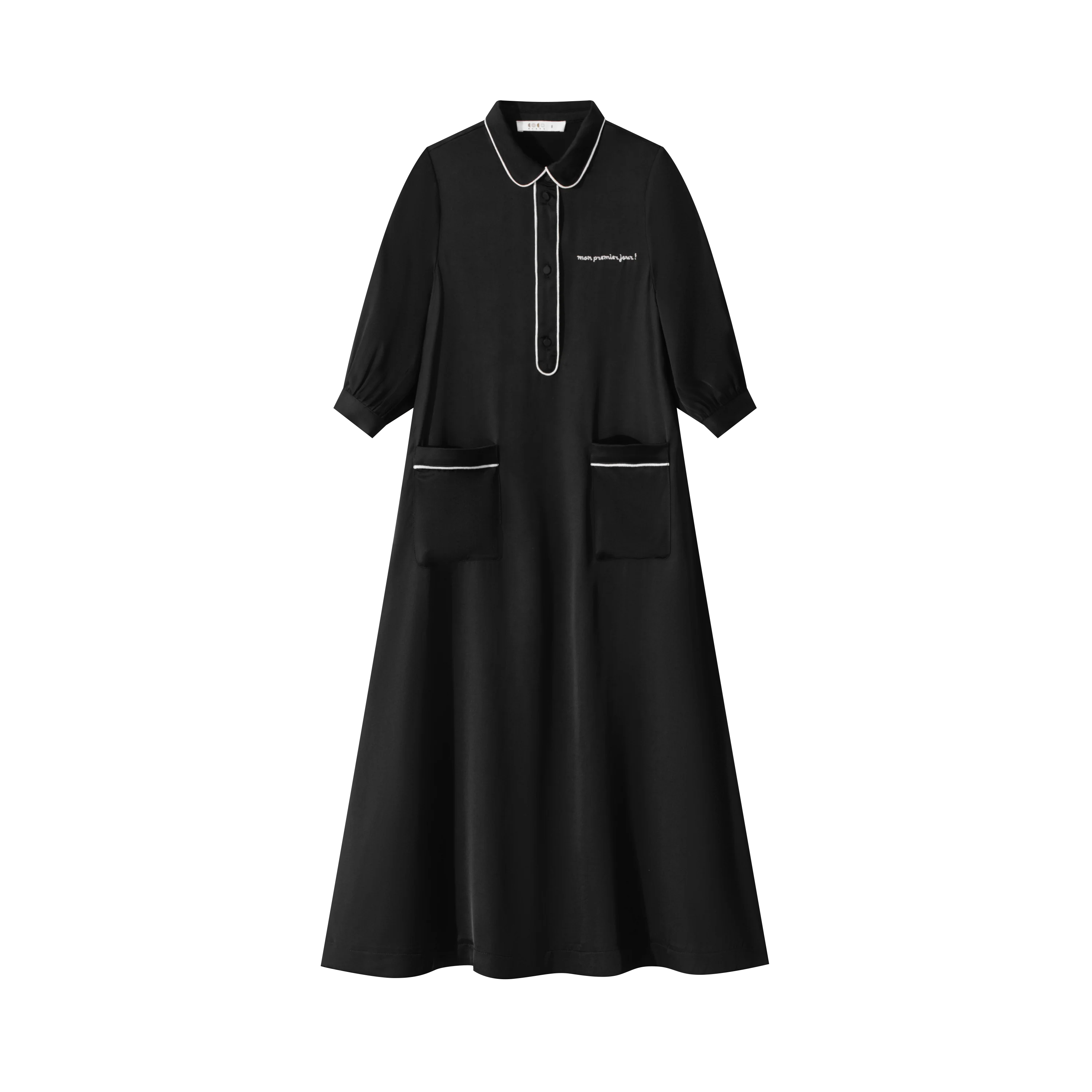 COCO BLANC BLACK SILK PIPED TRIM SHIRT DRESS [FINAL SALE] - Image 2