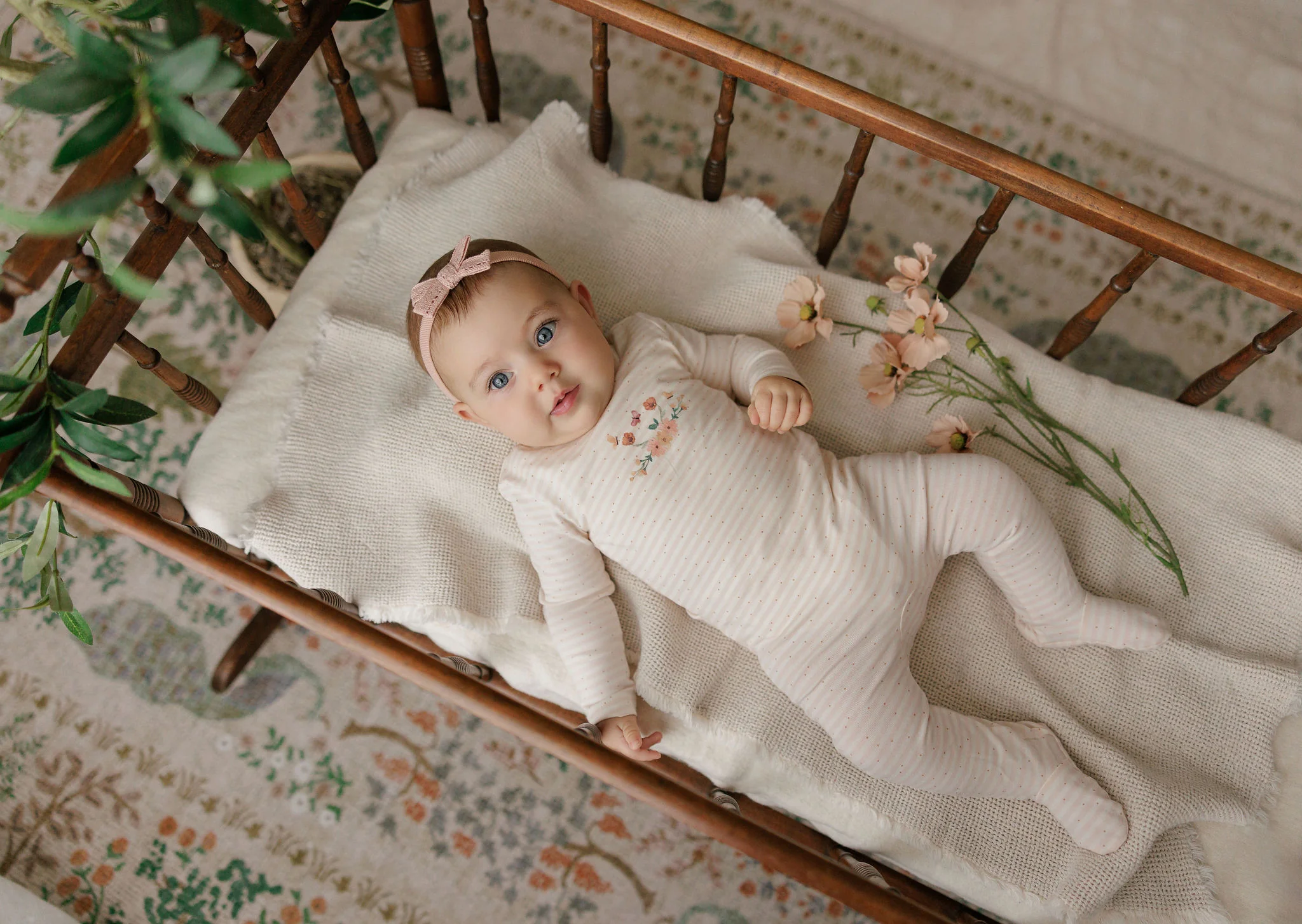 ELYS & CO IVORY/PINK FLORAL STRIPE FOOTIE + BEANIE - Image 2