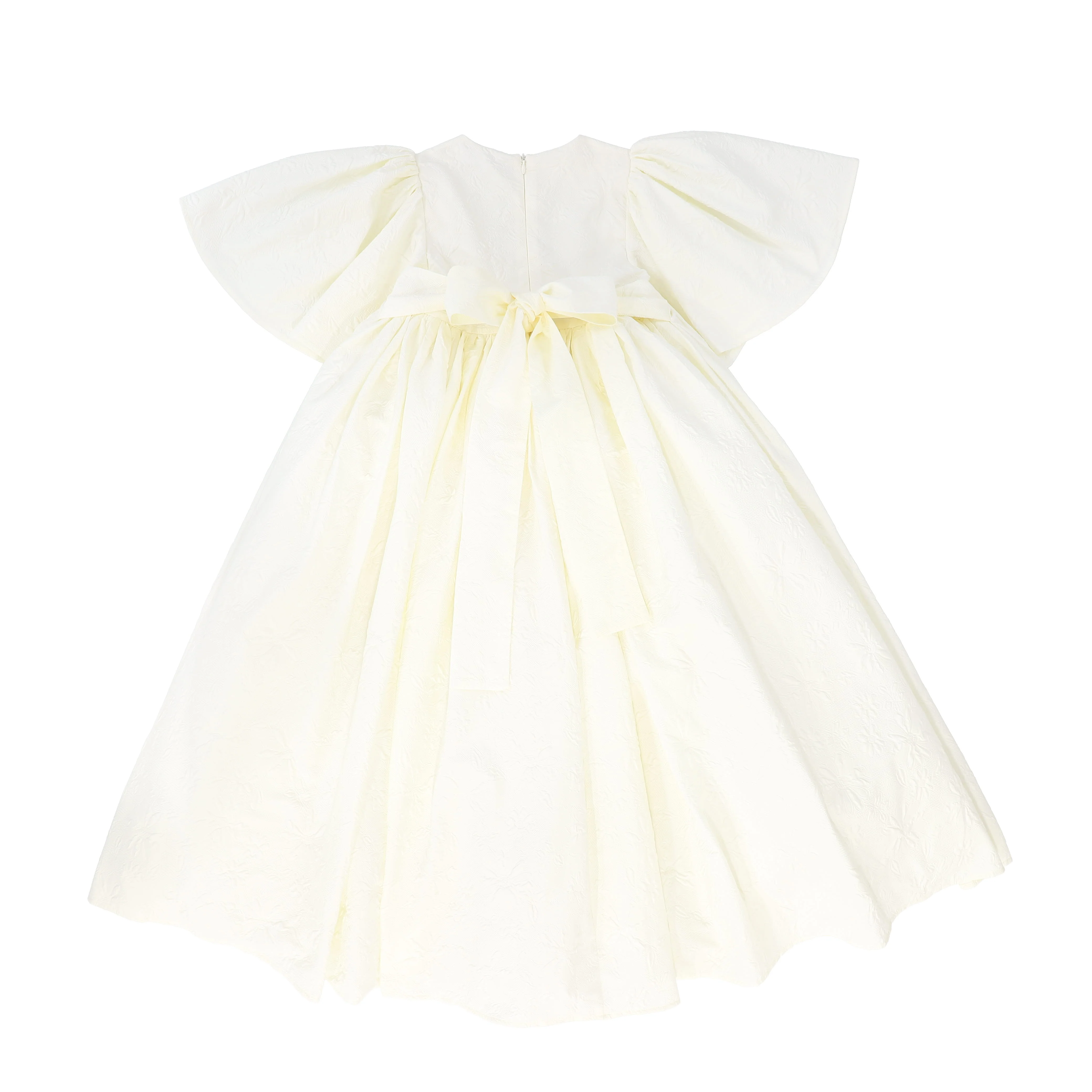 FRANCESCA GUILIANO CREAM EMBOSSED FLOWER HIGH WAIST FLUTTER SLEEVE GOWN - Image 2