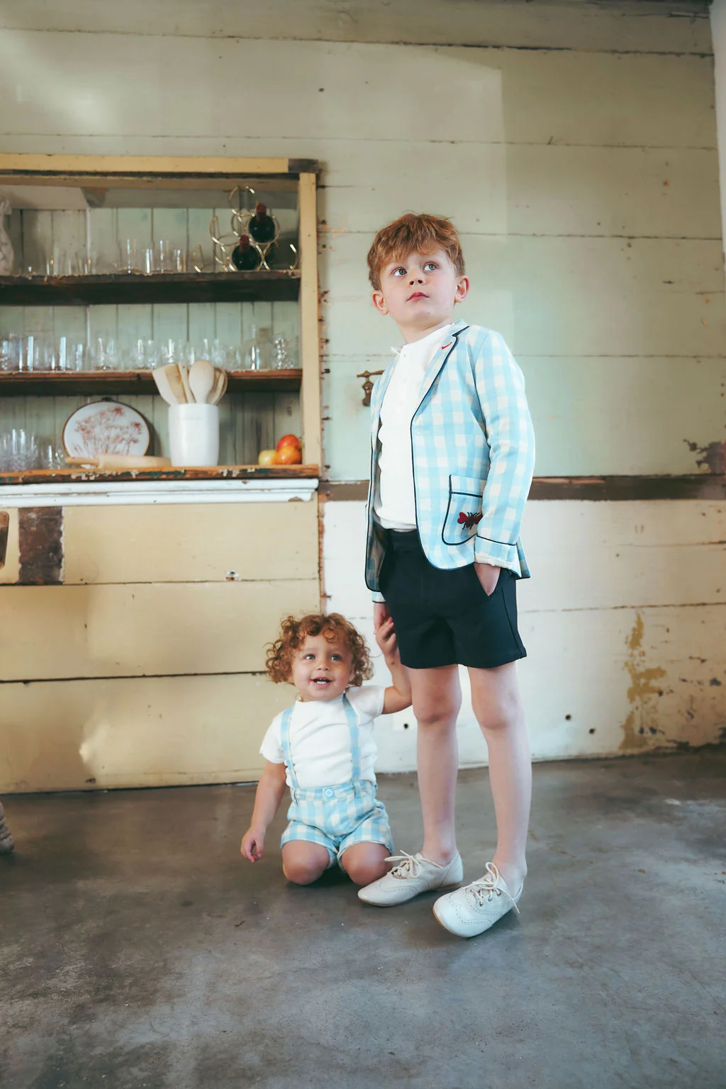 LE BOURDON LIGHT BLUE CHECKED H FRONT SUSPENDER SHORTS [FINAL SALE] - Image 4