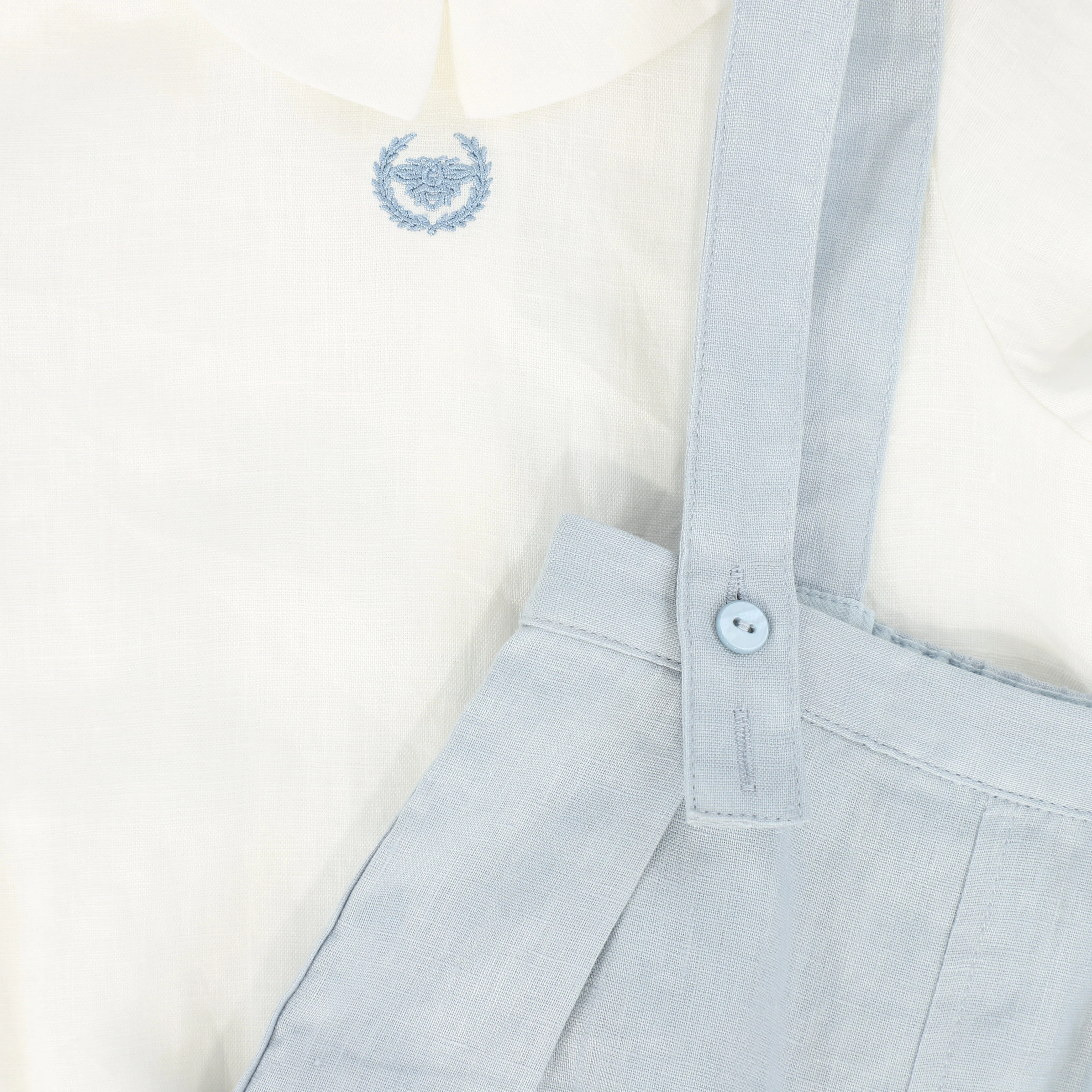 LE BOURDON WHITE/BLUE LINEN BUBBLE OVERALLS SET [FINAL SALE] - Image 2