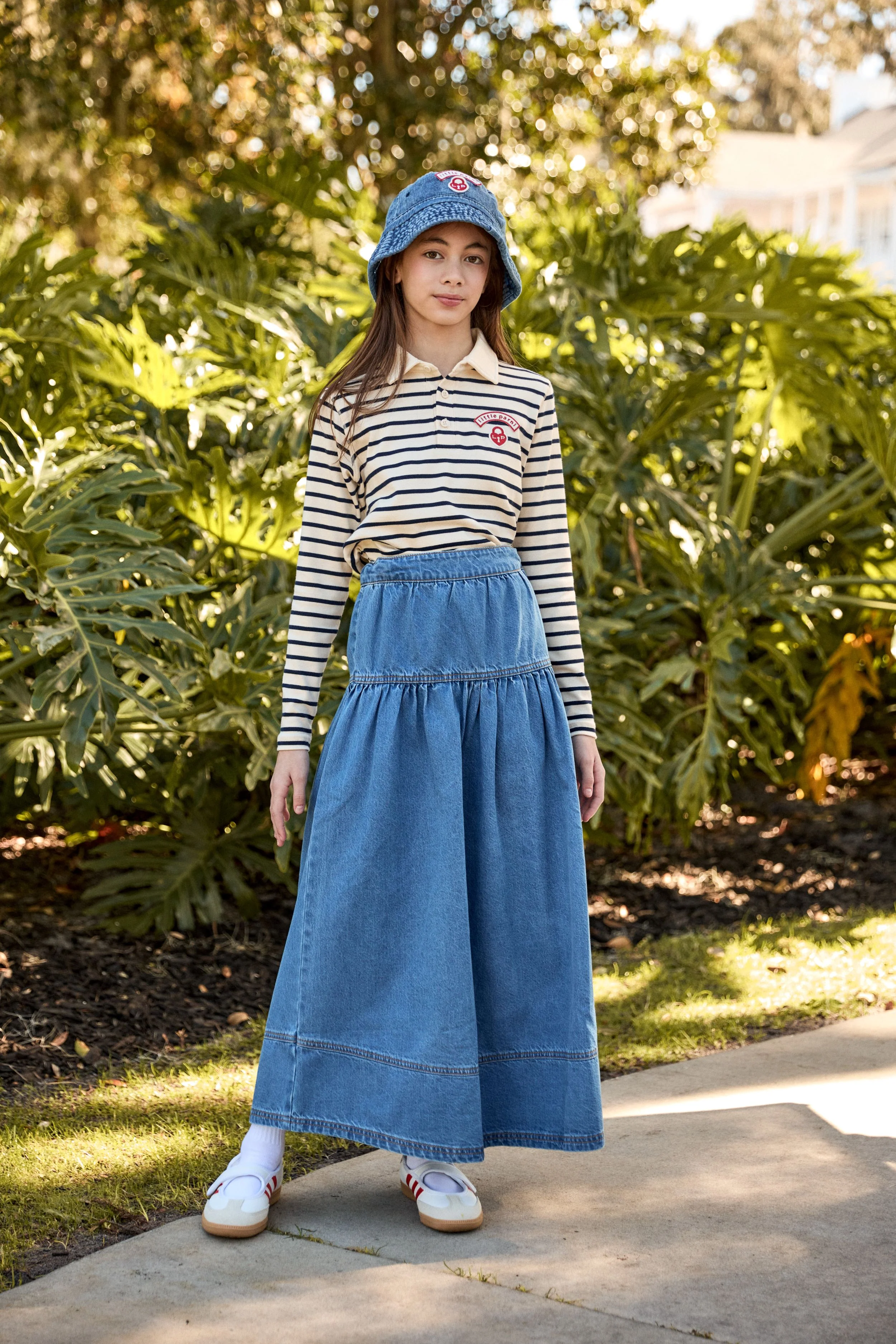 LITTLE PARNI BLUE DENIM DROP WAIST MIDI SKIRT [FINAL SALE] - Image 2