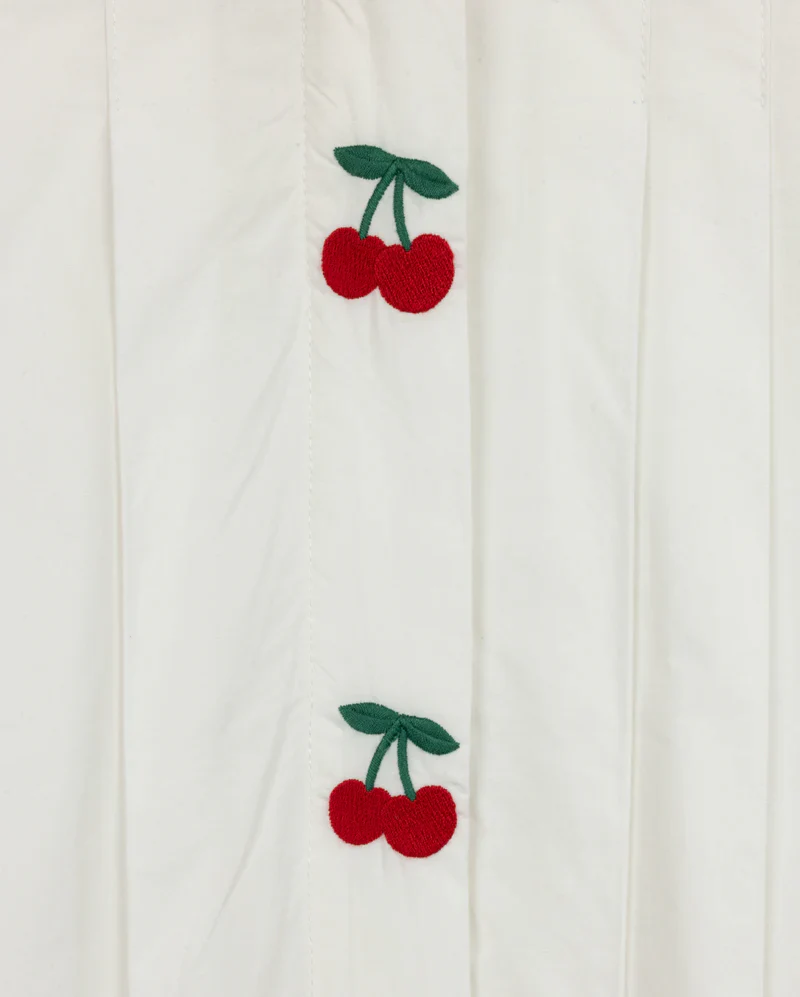 ONE CHILD WHITE EMBROIDERED CHERRY PLEAT DRESS [FINAL SALE] - Image 2