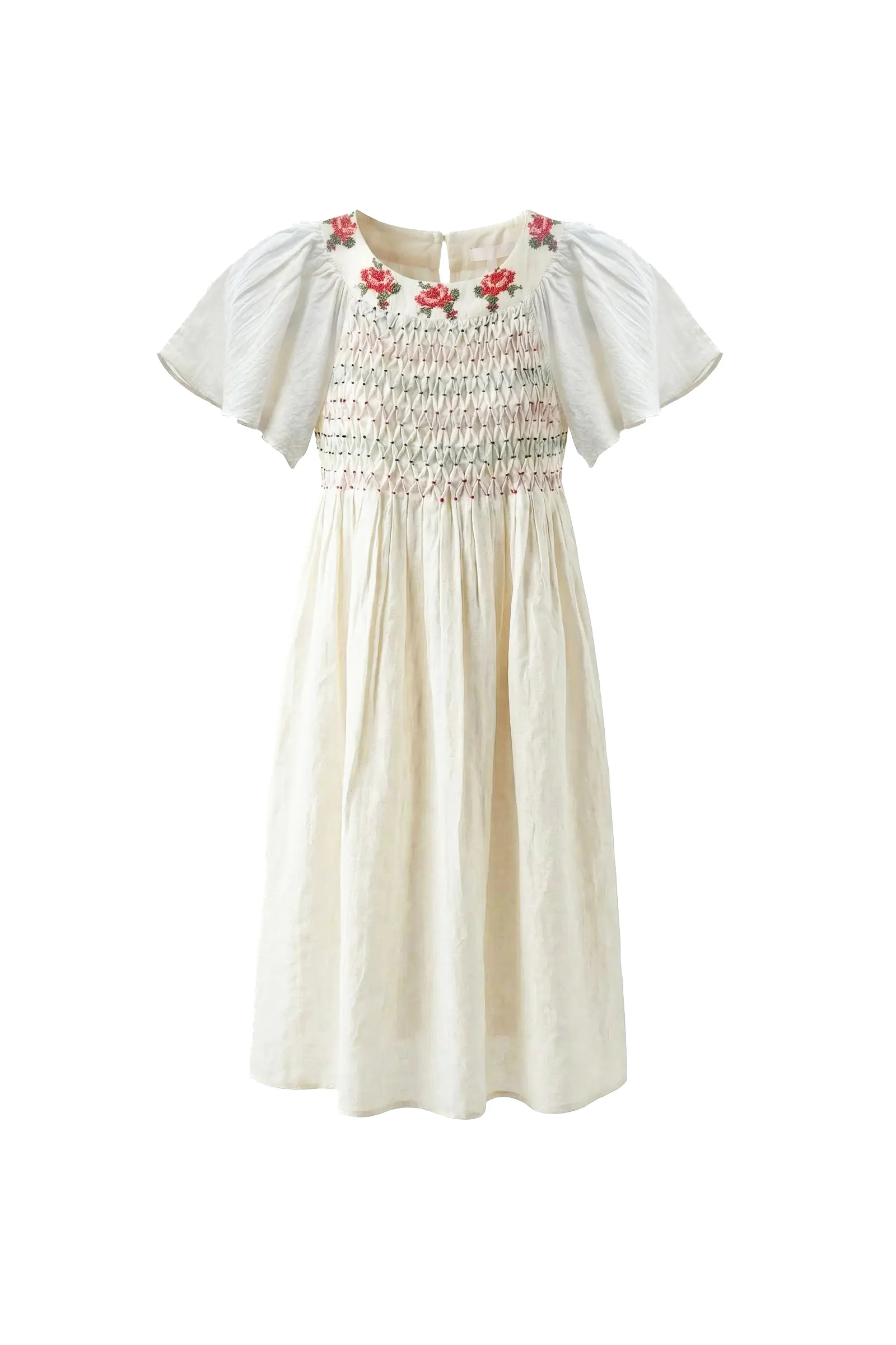 PERNILLE BEIGE/RED SMOCKED FLUTTER SLEEVE DRESS