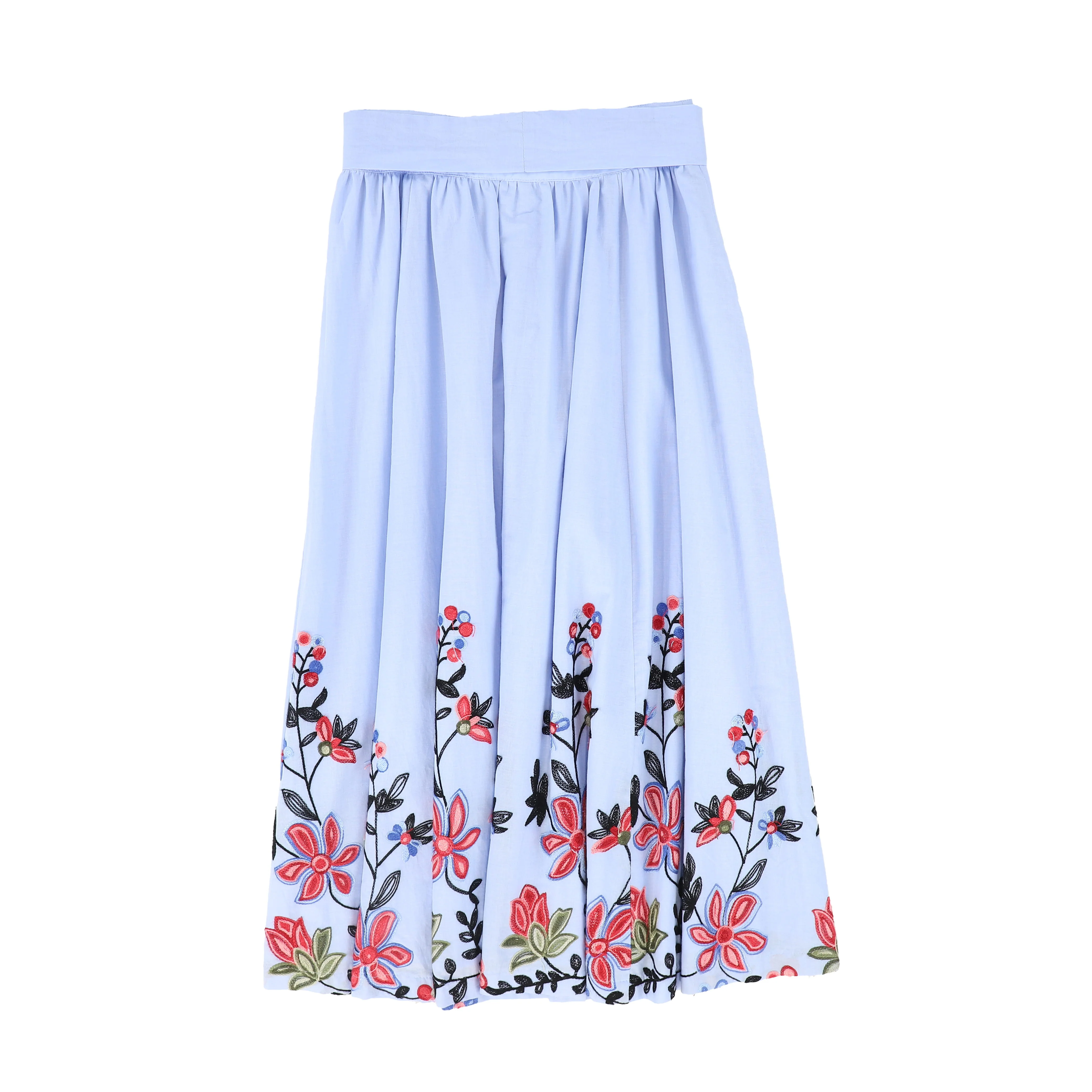 VALENTINA BLUE LINEN EMBROIDERED FLOWER HEM SKIRT [FINAL SALE] - Image 2