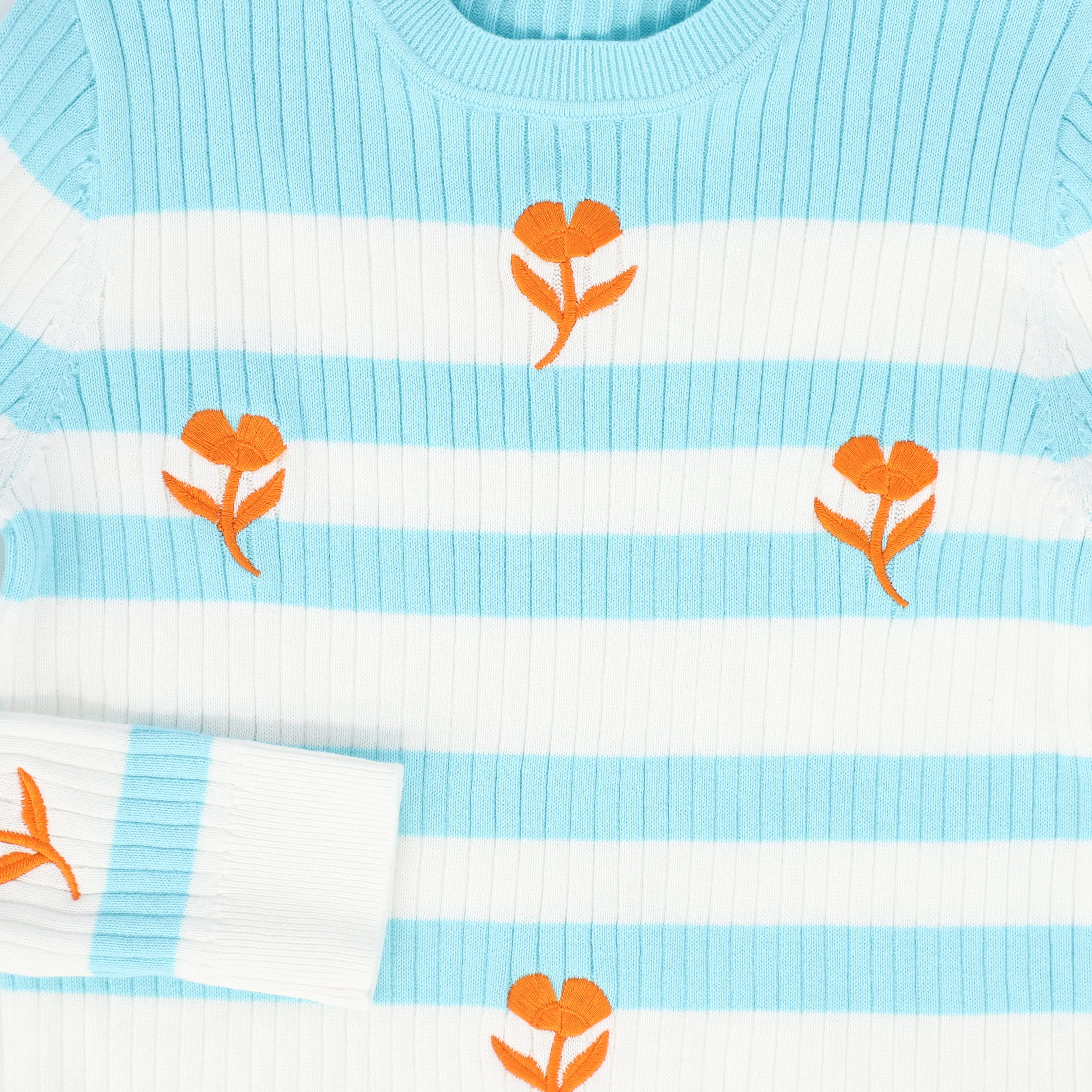 VALENTINA TEAL FLOWER EMBROIDERED STRIPE SWEATER [FINAL SALE] - Image 3